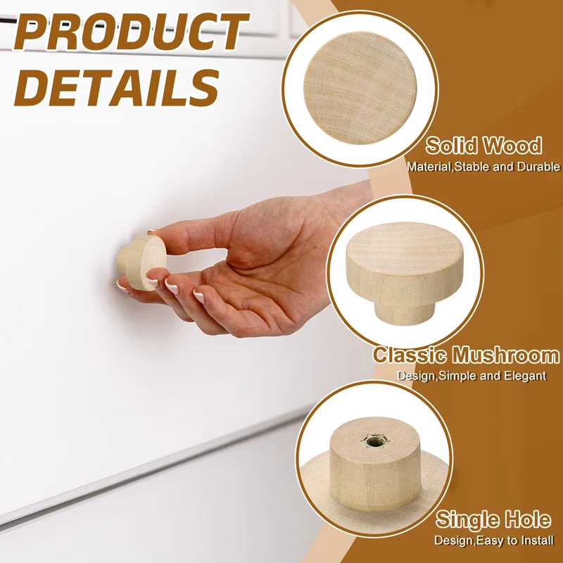 8Pcs Round Wood Drawer Knob, 1.57" Dia Flat Head Dresser Knobs with Screws