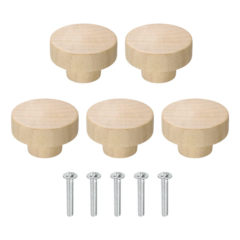 5Pcs Round Wood Drawer Knob, 1.57" Dia Flat Head Dresser Knobs with Screws