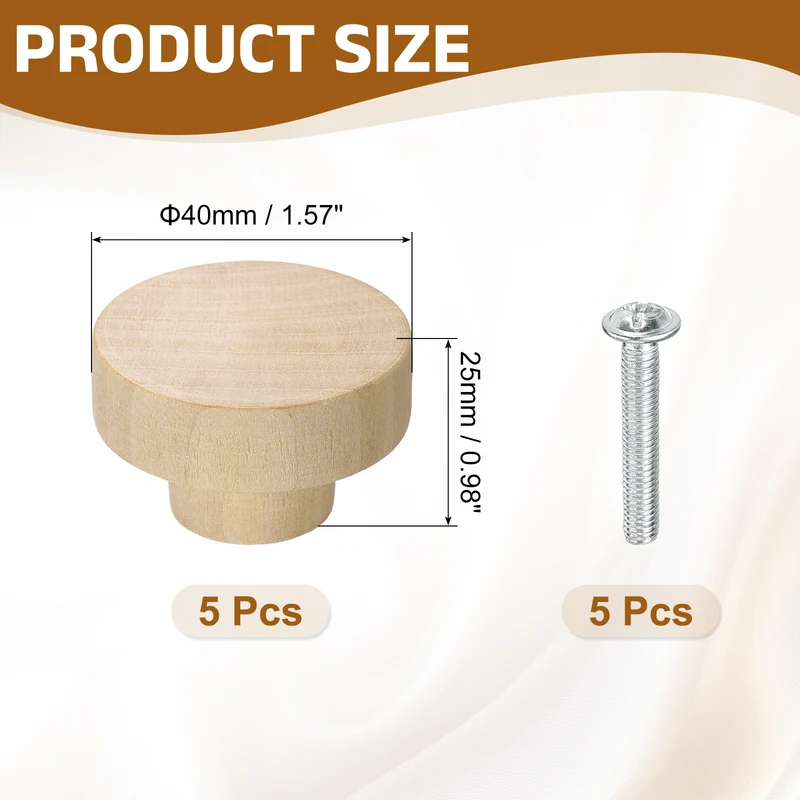 5Pcs Round Wood Drawer Knob, 1.57" Dia Flat Head Dresser Knobs with Screws