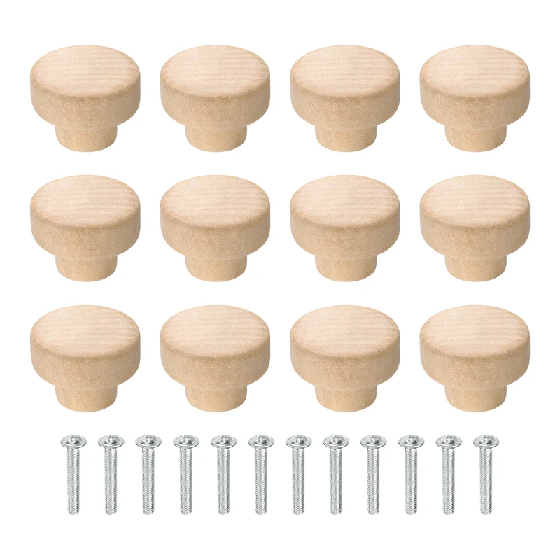 12Pcs Round Wood Drawer Knob, 1.38" Dia Flat Head Dresser Knobs with Screws