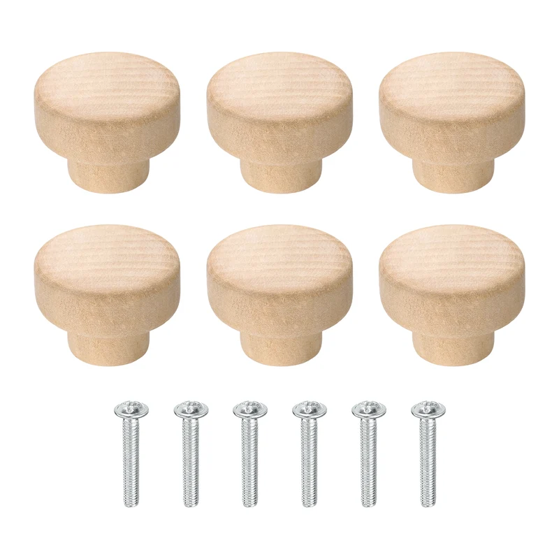 6Pcs Round Wood Drawer Knob, 1.38" Dia Flat Head Dresser Knobs with Screws