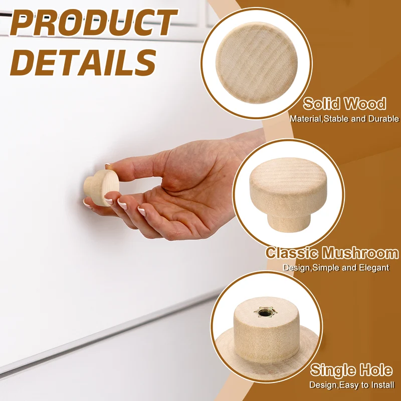 6Pcs Round Wood Drawer Knob, 1.38" Dia Flat Head Dresser Knobs with Screws