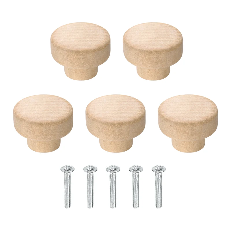 5Pcs Round Wood Drawer Knob, 1.38" Dia Flat Head Dresser Knobs with Screws