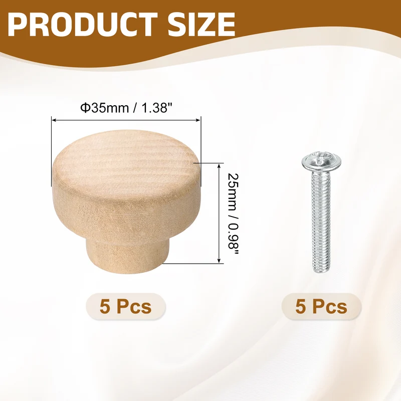 5Pcs Round Wood Drawer Knob, 1.38" Dia Flat Head Dresser Knobs with Screws