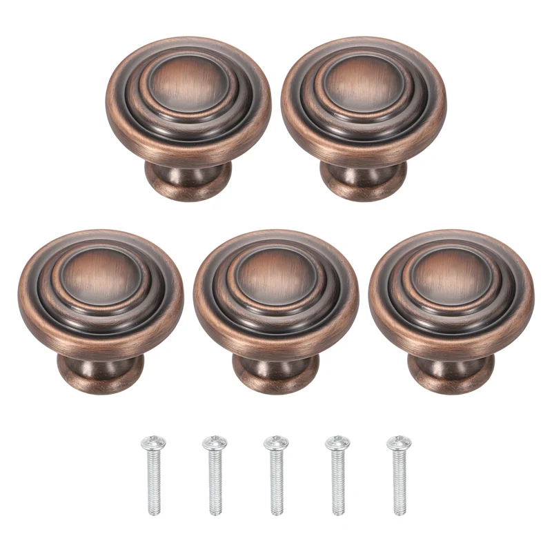 5Pcs Solid Round Drawer Knobs, 1.3" Zinc Alloy Drawer Pulls with Screw, Copper