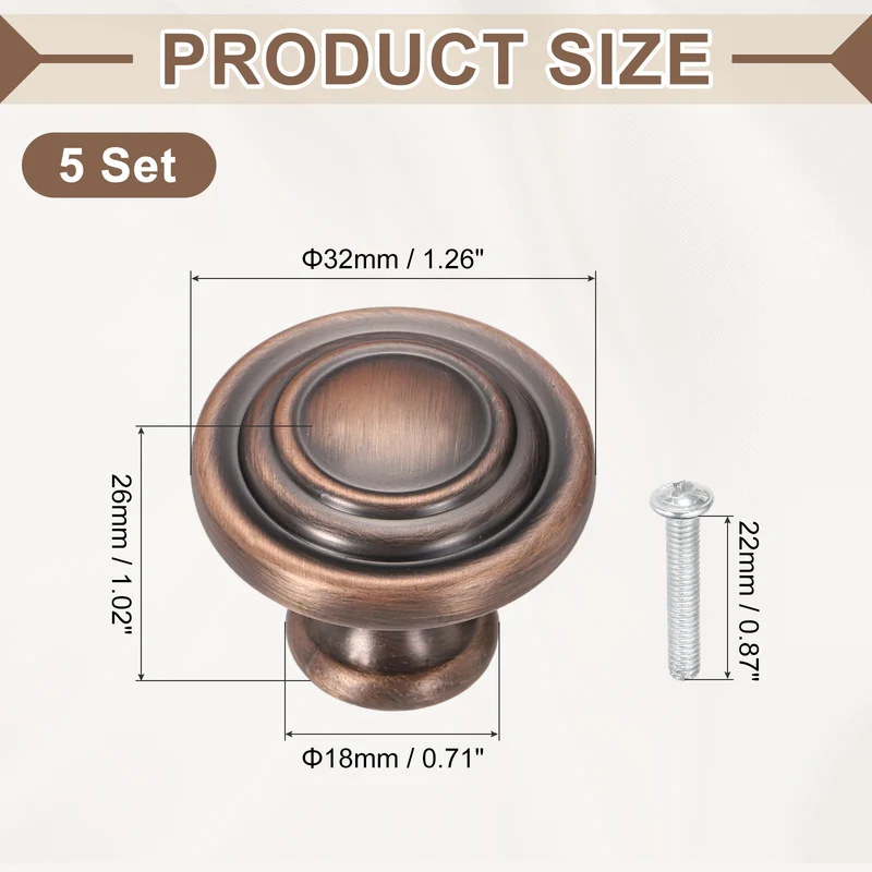 5Pcs Solid Round Drawer Knobs, 1.3" Zinc Alloy Drawer Pulls with Screw, Copper