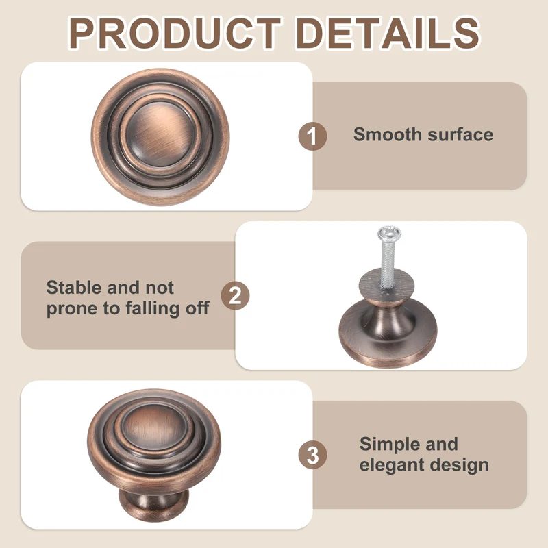 5Pcs Solid Round Drawer Knobs, 1.3" Zinc Alloy Drawer Pulls with Screw, Copper