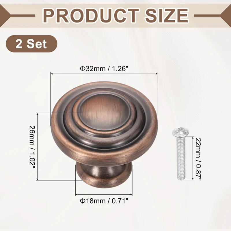 2Pcs Solid Round Drawer Knobs, 1.3" Zinc Alloy Drawer Pulls with Screw, Copper