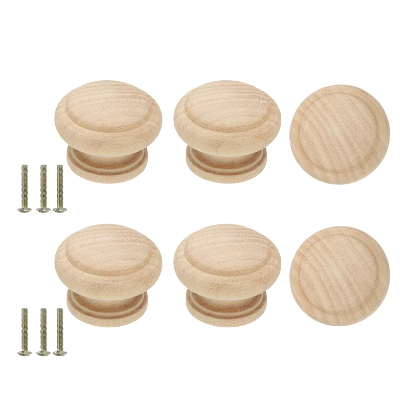 6Pcs Drawer Knobs, Round Dresser with Screw, Wood Color