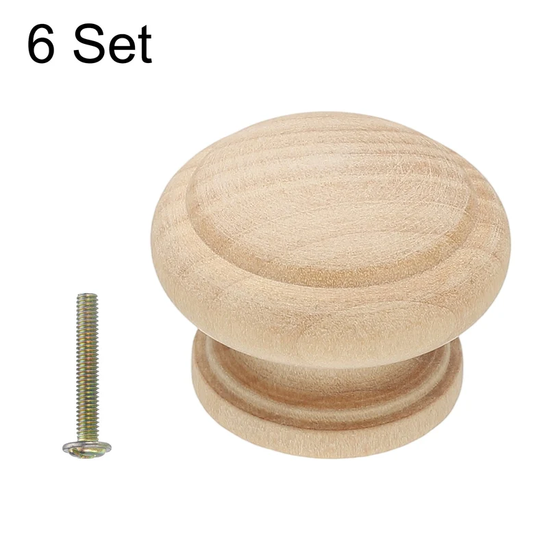 6Pcs Drawer Knobs, Round Dresser with Screw, Wood Color