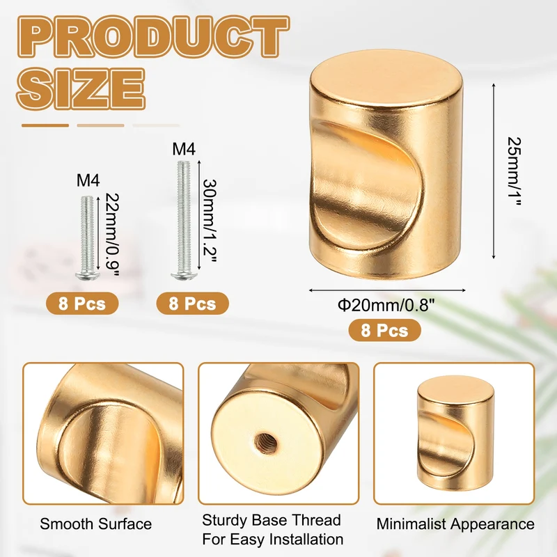 8 Pcs Cylindrical Aluminum Alloy Knobs, Single Hole Pull with Screw, 20mm Gold