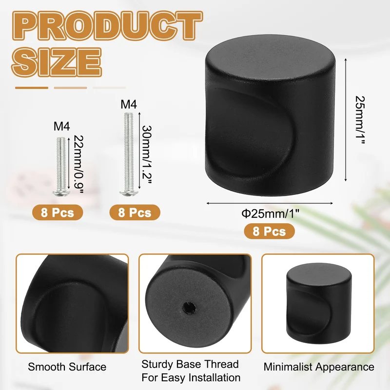 8 Pcs Cylindrical Aluminum Alloy Knobs, Single Hole Pull with Screw, 25mm Black