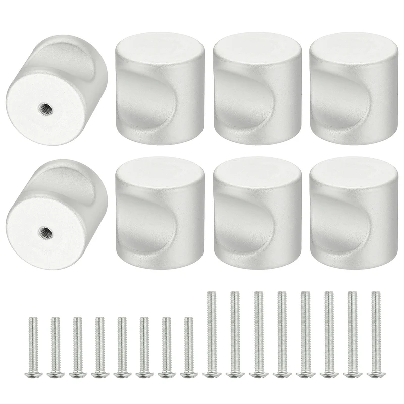 8 Pcs Cylindrical Aluminum Alloy Knobs, Single Hole Pull with Screw, 25mm Silver