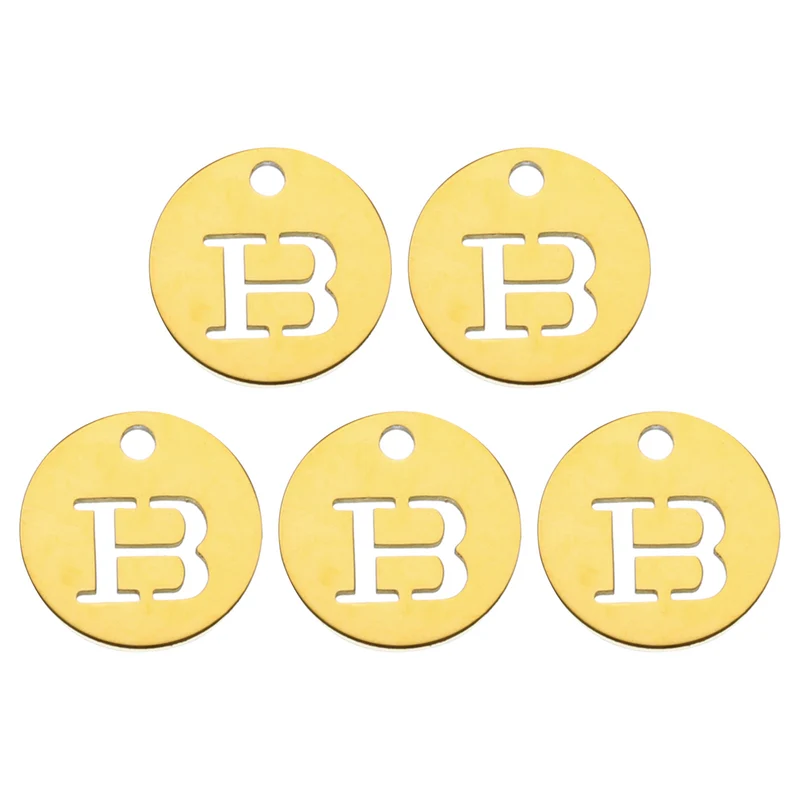 Alphabet Letter Charm Letter B 12mm(1/2") Round Capital Alphabet Charm Stainless Steel Gold Tone for Pendant, DIY Jewelry Making, Pack of 5