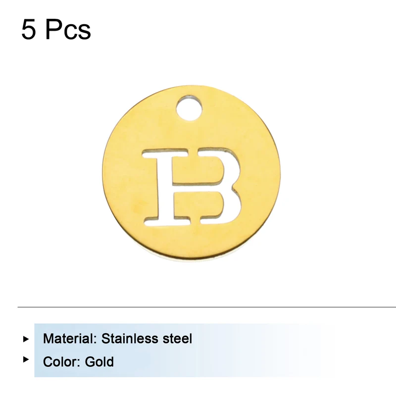 Alphabet Letter Charm Letter B 12mm(1/2") Round Capital Alphabet Charm Stainless Steel Gold Tone for Pendant, DIY Jewelry Making, Pack of 5