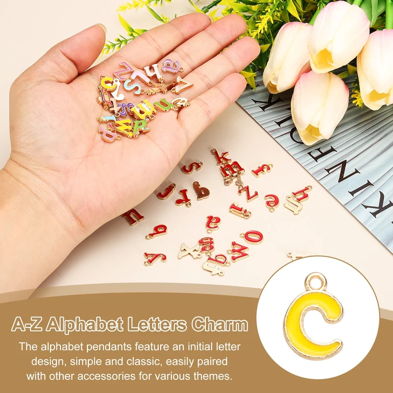 52Pcs A-Z Alphabet Letters Charm, Enamel Letter Charm, Multicolor