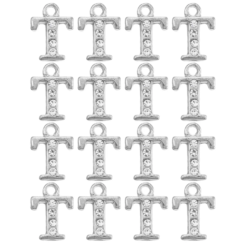 Rhinestone Letter Charm, 16pcs 1.5mm Metal T Letter Charm, Silver