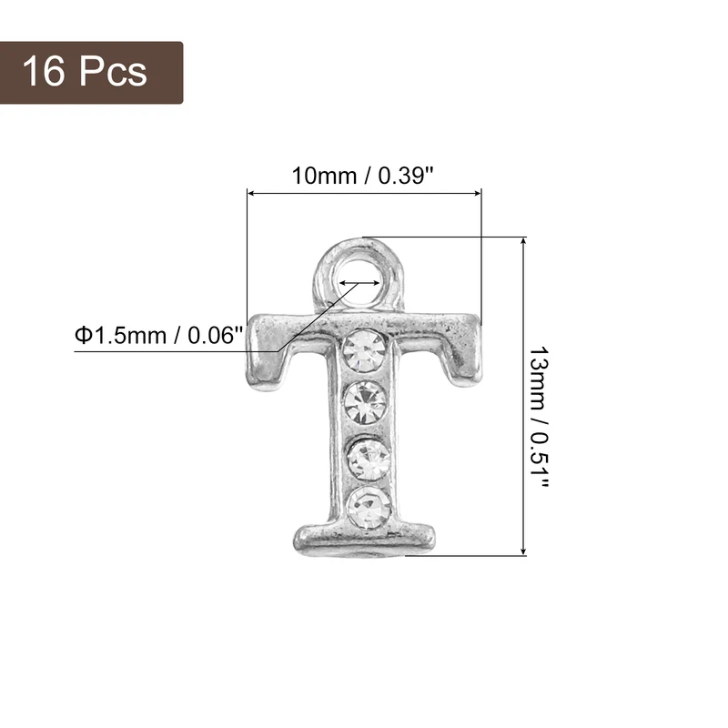 Rhinestone Letter Charm, 16pcs 1.5mm Metal T Letter Charm, Silver