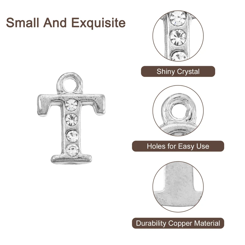 Rhinestone Letter Charm, 16pcs 1.5mm Metal T Letter Charm, Silver