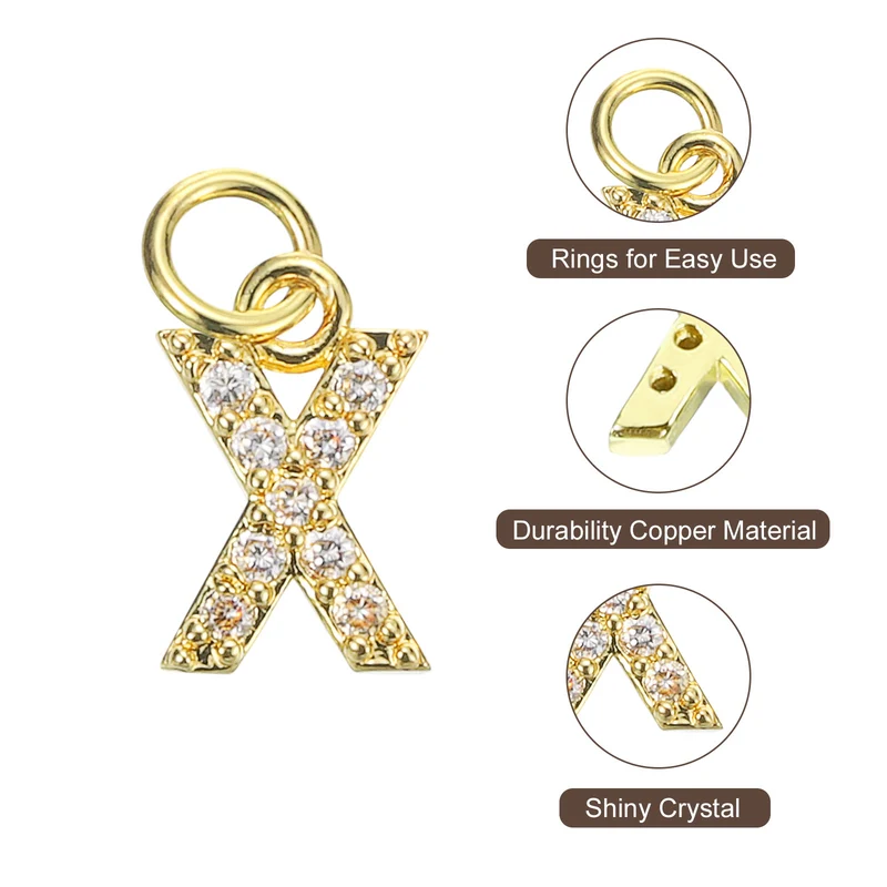 Rhinestone Letter Charm, 8pcs 3.2mm Copper X Letter Charm, Golden