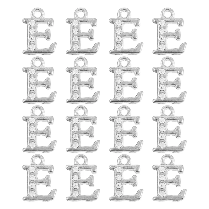 Rhinestone Letter Charm, 16pcs 1.5mm Metal E Letter Charm, Silver