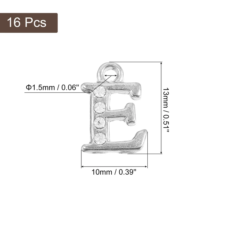 Rhinestone Letter Charm, 16pcs 1.5mm Metal E Letter Charm, Silver