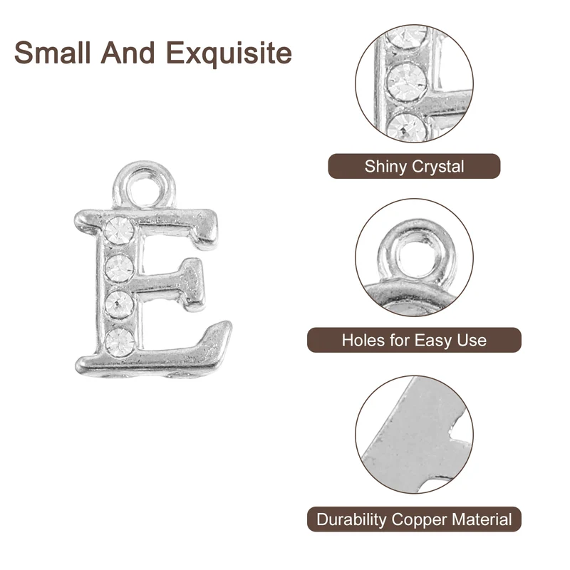 Rhinestone Letter Charm, 16pcs 1.5mm Metal E Letter Charm, Silver