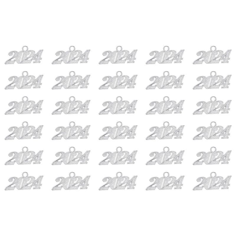 2024 Graduation Tassel Charm, 30 Pcs Alloy 2024 Year Large Letter Charm, Silver