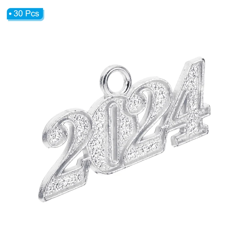 2024 Graduation Tassel Charm, 30 Pcs Alloy 2024 Year Large Letter Charm, Silver