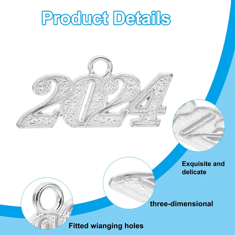 2024 Graduation Tassel Charm, 30 Pcs Alloy 2024 Year Large Letter Charm, Silver