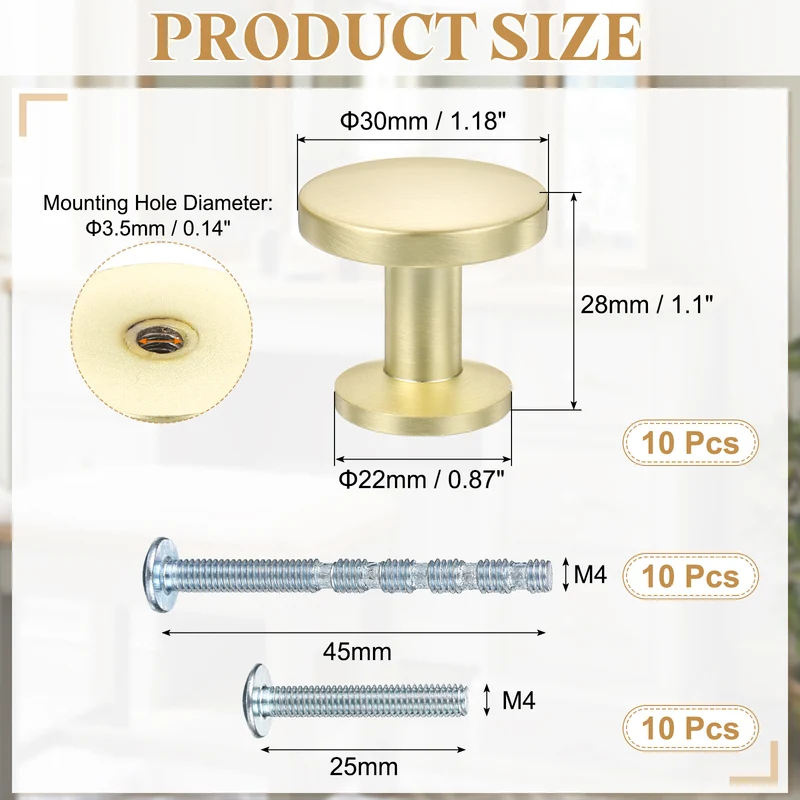 10Pcs 1-1/5" (30mm) Zinc Alloy Round Cabinet Dresser Knobs Brushed Gold