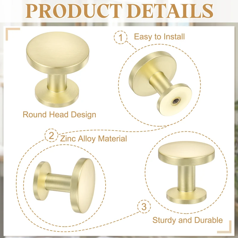 10Pcs 1-1/5" (30mm) Zinc Alloy Round Cabinet Dresser Knobs Brushed Gold