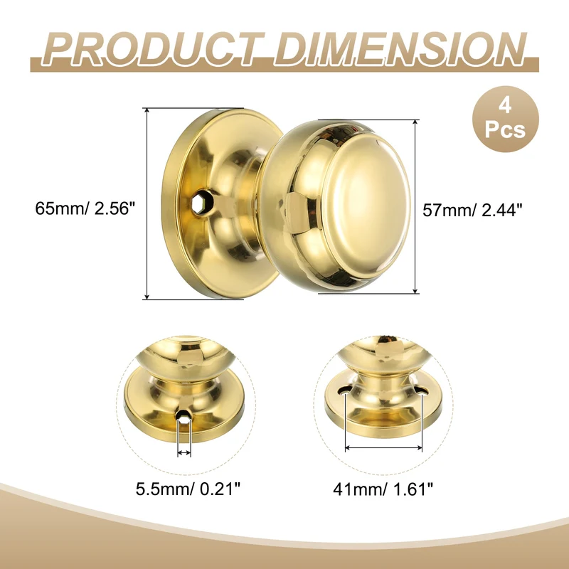 4Pcs One Side Dummy Door Knobs Round Door Handles Flat Ball Knob Bright Gold