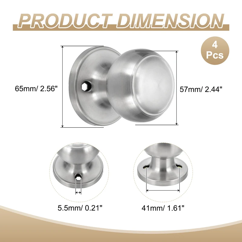 4Pcs One Side Dummy Door Knobs Round Door Handles Flat Ball Knob Silver