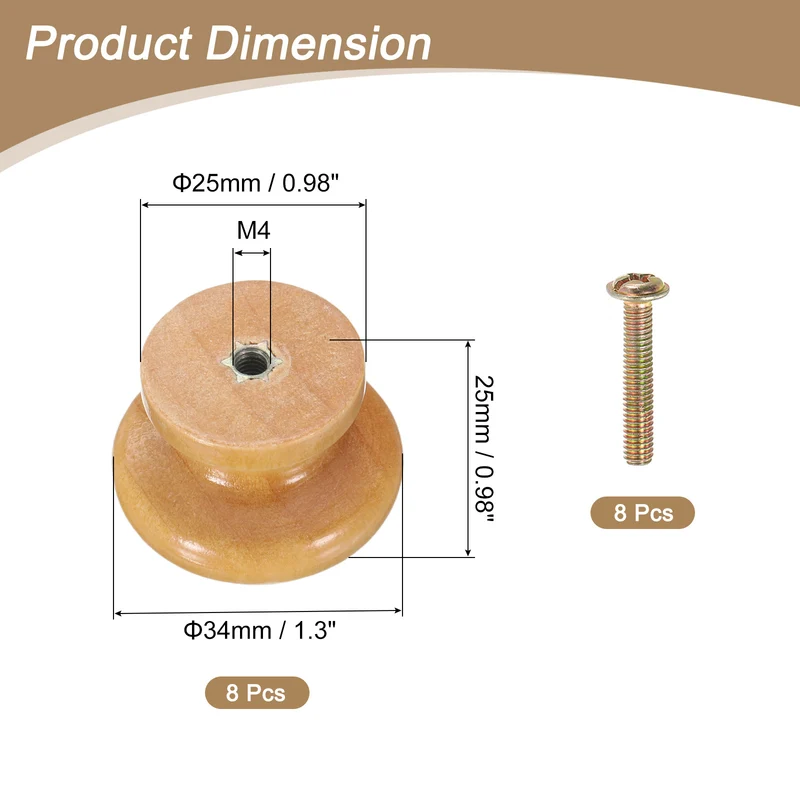 8pcs Wooden Knobs 34mm/1.3" Mushroom Shape Single Hole Drawer Light Brown