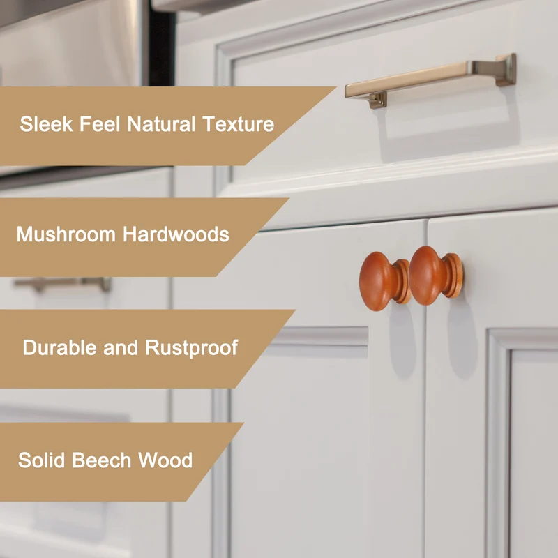 8pcs Wooden Knobs, 34mm/1.3" Mushroom Shape Single Hole Drawer, Khaki