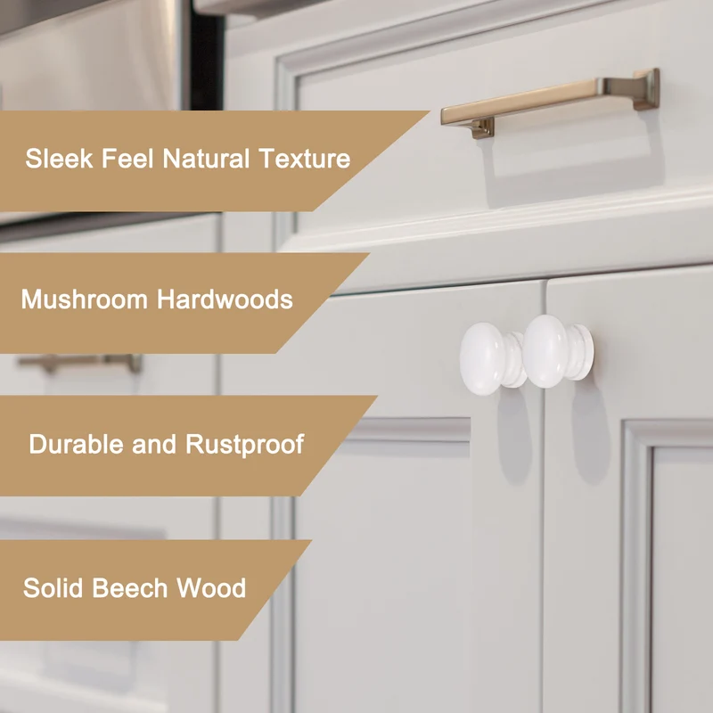 8pcs Wooden Knobs, 34mm/1.3" Mushroom Shape Single Hole Drawer, White