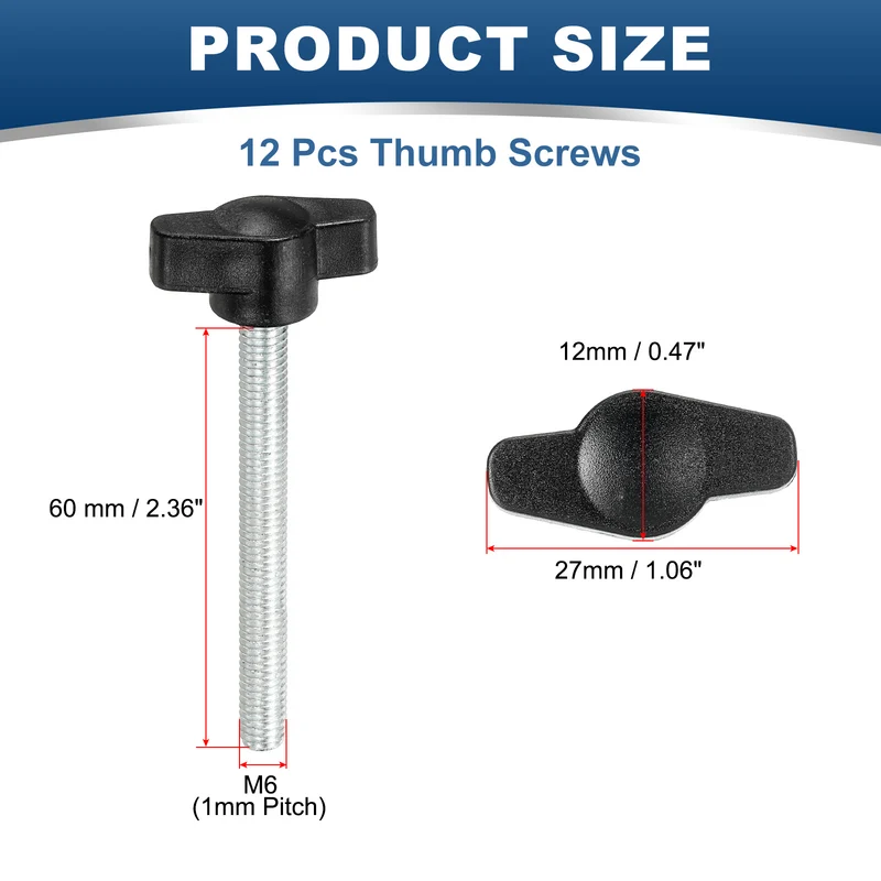 12 Pcs M6 x 60mm Tee Thumb Screws, 27mm Width Carbon Steel Tee Wing Knobs Screws