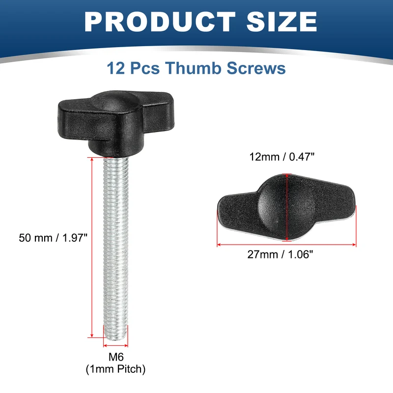 12 Pcs M6 x 50mm Tee Thumb Screws, 27mm Width Carbon Steel Tee Wing Knobs Screws