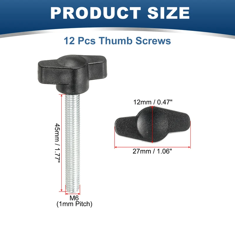 12 Pcs M6 x 45mm Tee Thumb Screws, 27mm Width Carbon Steel Tee Wing Knobs Screws