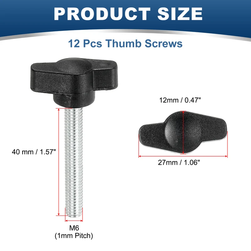 12 Pcs M6 x 40mm Tee Thumb Screws, 27mm Width Carbon Steel Tee Wing Knobs Screws