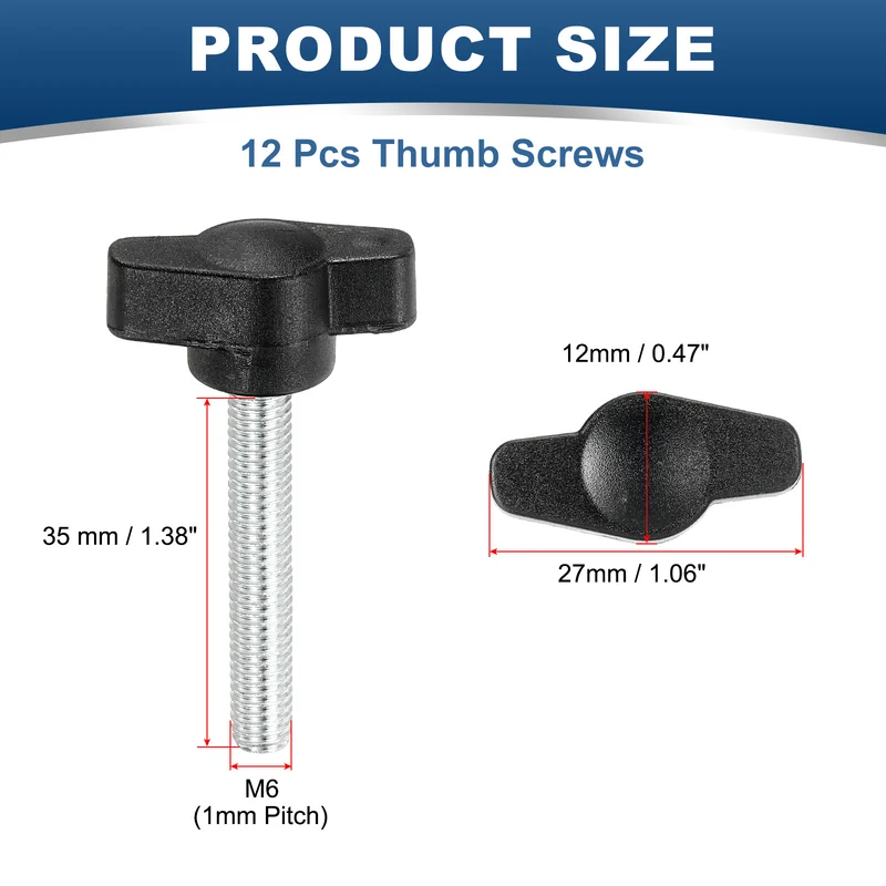12 Pcs M6 x 27mm Tee Thumb Screws, 27mm Width Carbon Steel Tee Wing Knobs Screws