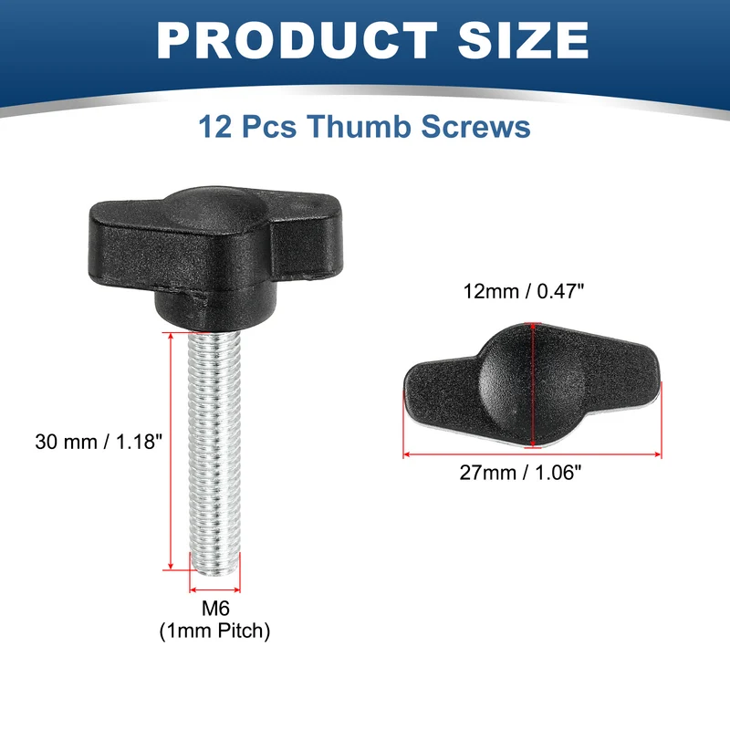 12 Pcs M6 x 30mm Tee Thumb Screws, 27mm Width Carbon Steel Tee Wing Knobs Screws