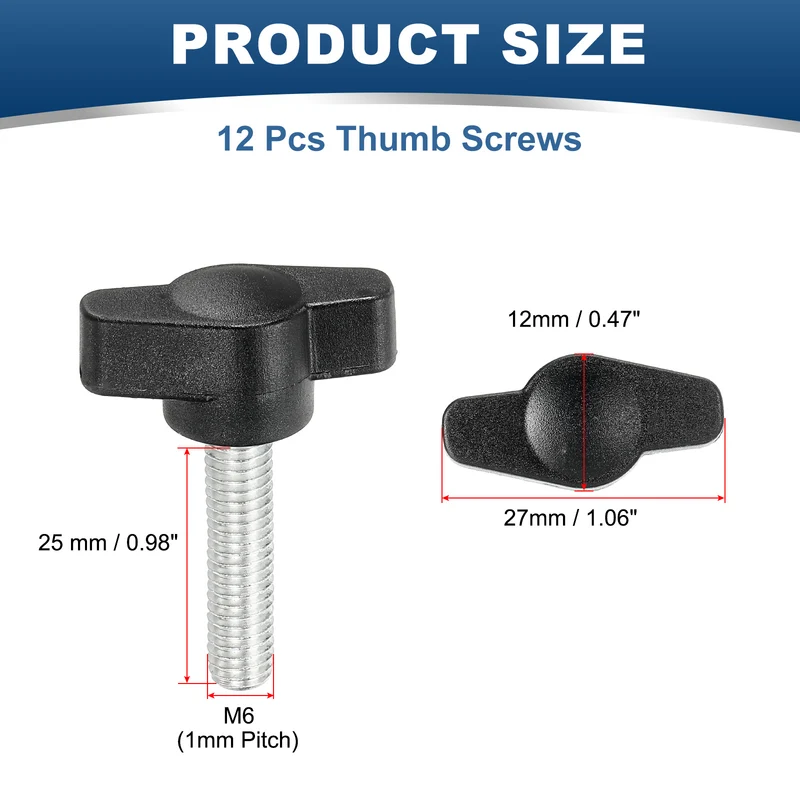 12 Pcs M6 x 25mm Tee Thumb Screws, 27mm Width Carbon Steel Tee Wing Knobs Screws
