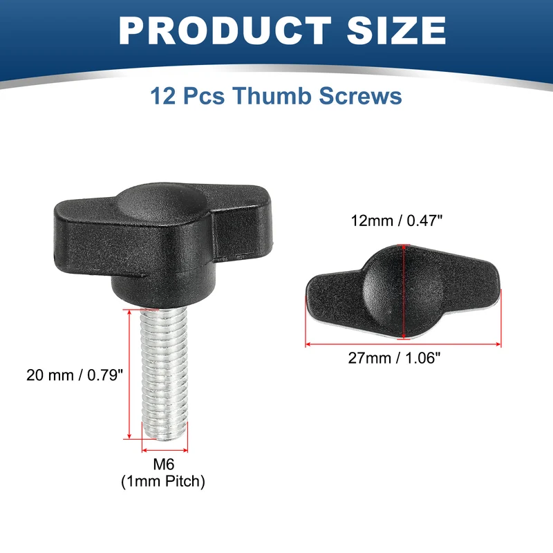 12 Pcs M6 x 20mm Tee Thumb Screws, 27mm Width Carbon Steel Tee Wing Knobs Screws