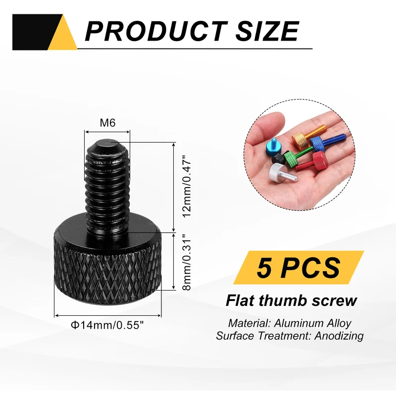 5Pcs M6x12mm Flat Head Knurled Thumb Screws for Graphics Card Black