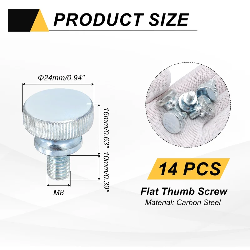 14 Pcs M8x10mm Zinc Plated Flat Knurled Fully Threaded Thumb Screws