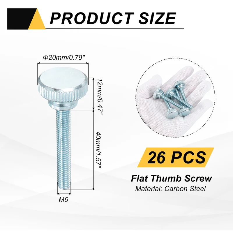 26 Pcs M6x40mm Zinc Plated Flat Knurled Fully Threaded Thumb Screws