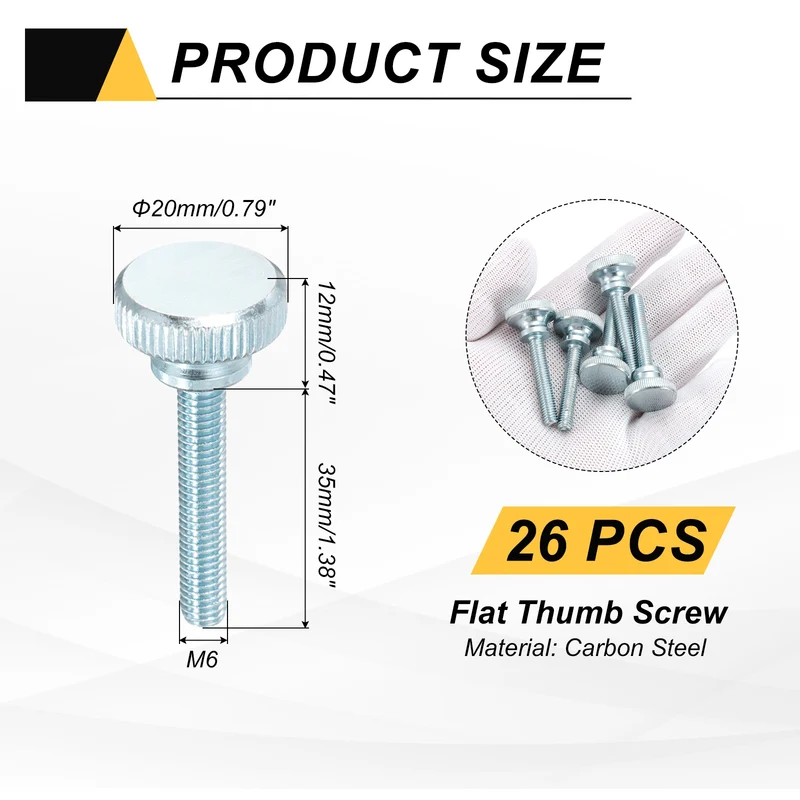 26 Pcs M6x35mm Zinc Plated Flat Knurled Fully Threaded Thumb Screws