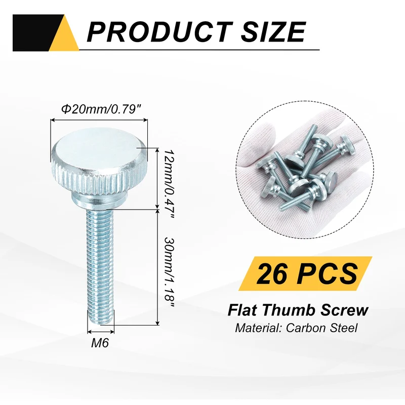 26 Pcs M6x30mm Zinc Plated Flat Knurled Fully Threaded Thumb Screws